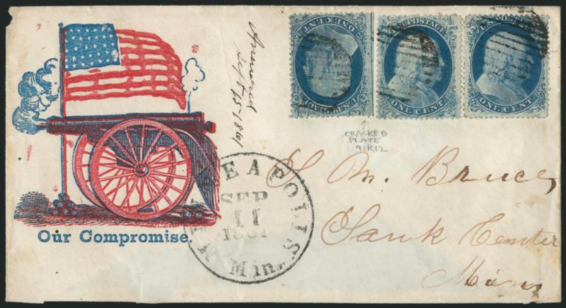 1c Blue, Ty. I, II (18, 20).> Three singles from Plate 12, left stamp Type I Position 91R12 (C Relief) with <cracked plate and straddle-pane margin with centerline,> others Type I and II, cancelled or tied by
grid cancels, Minneapolis Minn. Sep. 11,