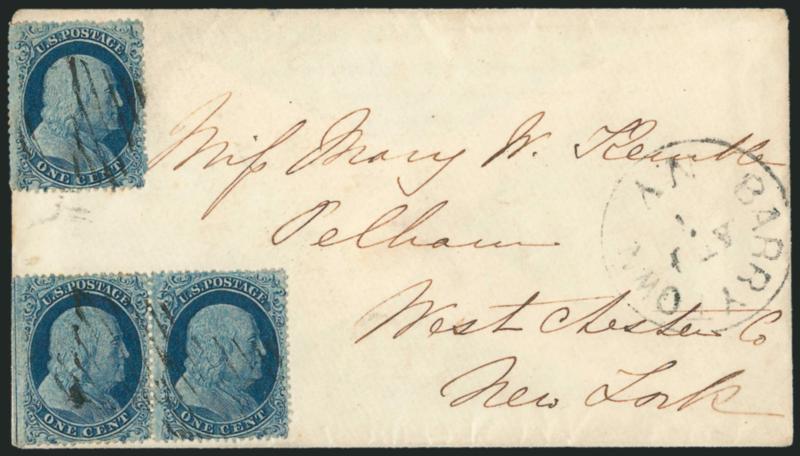 1c Blue, Ty. I (18).> Horizontal pair and single from Plate 12, the pair Positions 91-92R12 (C Relief), left stamp 91R with <plate crack and straddle-pane margin with centerline,> right stamp 92R <double
transfer> at top, cancelled by square grids, 