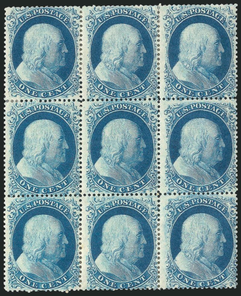 1c Blue, Ty. I, Quasi-Type Ia, II, III (18, 18 var, 20, 21).> Positions 34-3644-4654-56L12, block of nine including <Position 46L12, which is the only perforated Type III from any plate other than Plate 4, and
Position 56L12, which has the complete