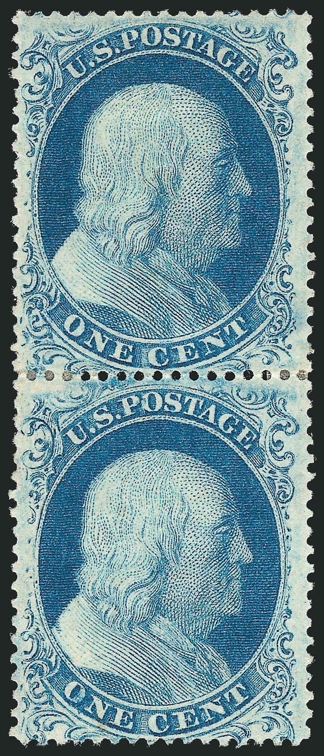 1c Blue, Ty. III and Quasi-Type Ia (2118 var).> Positions 4656L12, vertical pair, <Position 46L12, which is the only perforated Type III from any plate other than Plate 4, and Position 56L12, which has the
complete design at bottom and partly-erase