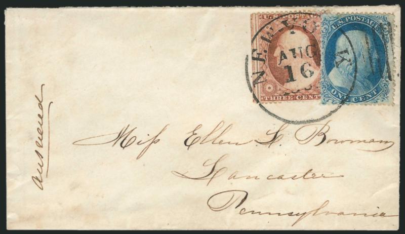 1c Blue, Ty. III (21).> Position 46L12, clear breaks in outer lines at both top and bottom, used with <3c Dull Red, Ty. III (26),> straddle-pane margin and centerline at left, tied by grid cancel and New-York
Aug. 16, 1861 circular datestamp on cov