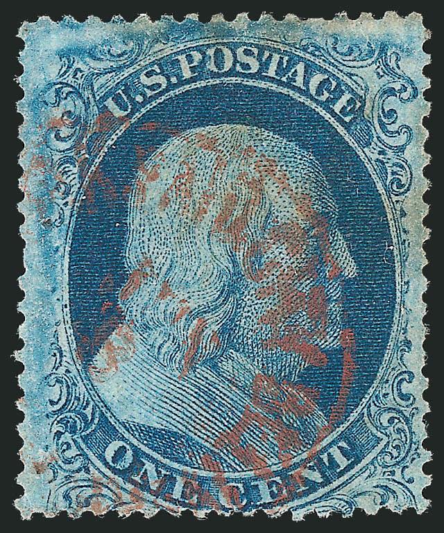 1c Blue, Quasi-Type Ia (18 var).> Position 56L12 which shows <complete design at bottom and erasures of part of the design at top,> also a double transfer, rich color nicely complemented by <red New York City
carrier datestamp><><>^VERY FINE. A BEA