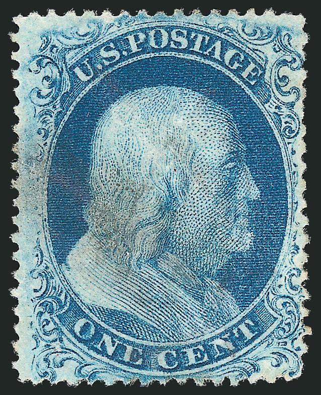 1c Blue, Quasi-Type Ia (18 var).> Position 56L12 which shows <complete design at bottom and erasures of part of the design at top,> also a double transfer, smudged cancel and lightened pen strokes, otherwise
Fine, Position 56L12 was discussed in an a