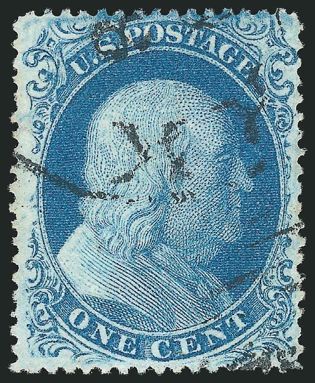1c Blue, Ty. IIIa (22).> Plate 12, B Relief, mystery position with <wide break in bottom line,> not the same as previous lot, rich color, neat strike of circular datestamp, Very Fine and choice, bottom line
breaks are much rarer than top across all p