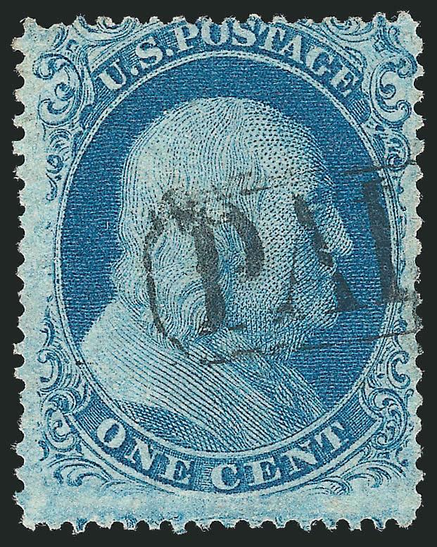 1c Blue, Ty. IIIa (22).> Plate 12, B Relief, mystery position with <wide break in bottom line,> not the same as previous lot, Paid in oval cancel, Fine, bottom line breaks are much rarer than top across all
plates