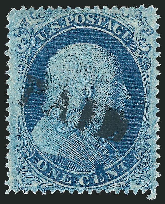 1c Blue, Ty. I (18).> Position 76L12 with minor <double transfer,> intense shade and impression, choice centering with wide and balanced margins showing almost complete impression at top and bottom, neat
strike of <Paid> cancel, Extremely Fine, a b