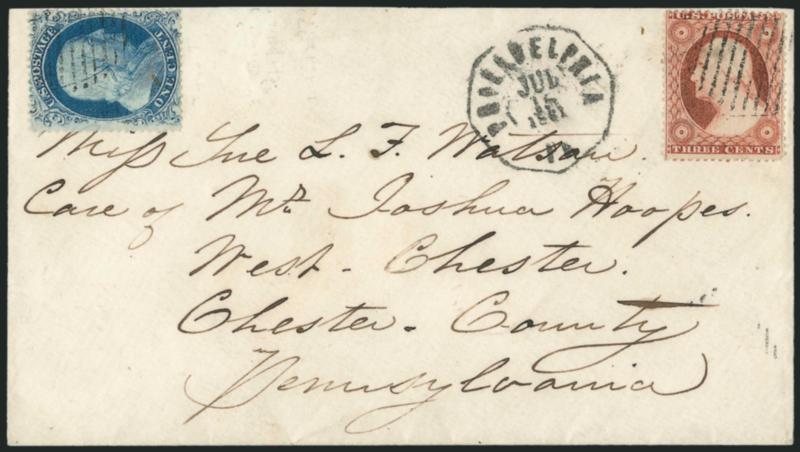 1c Blue, Ty. I (18).> Position 22L12 with <double transfer,> tied by grid and used with <3c Dull Red, Ty. III (26),> similarly tied, neat Philadelphia Pa. Jul. 15, 1861 octagonal datestamp on cover to West
Chester Pa., Very Fine carrier use, ex Nei