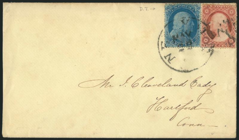 1c Blue, Ty. II (20).> Position 74R12 with <major double transfer,> used with <3c Dull Red, Ty. III (26)> and tied by New-York May 22 circular datestamp on cover to Hartford Conn., barely reduced at left, 3c
few small flaws from placement at edge o