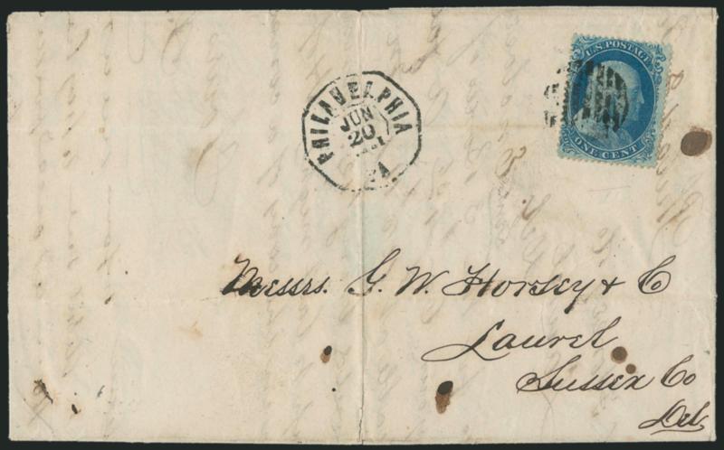 1c Blue, Ty. II (20).> Position 74R12 with <major double transfer,> tied by grid cancel, Philadelphia pa. Jun. 20, 1861 octagonal datestamp on folded letter to Laurel Del., vertical file fold well away from
stamp, horizontal cover bend barely affec