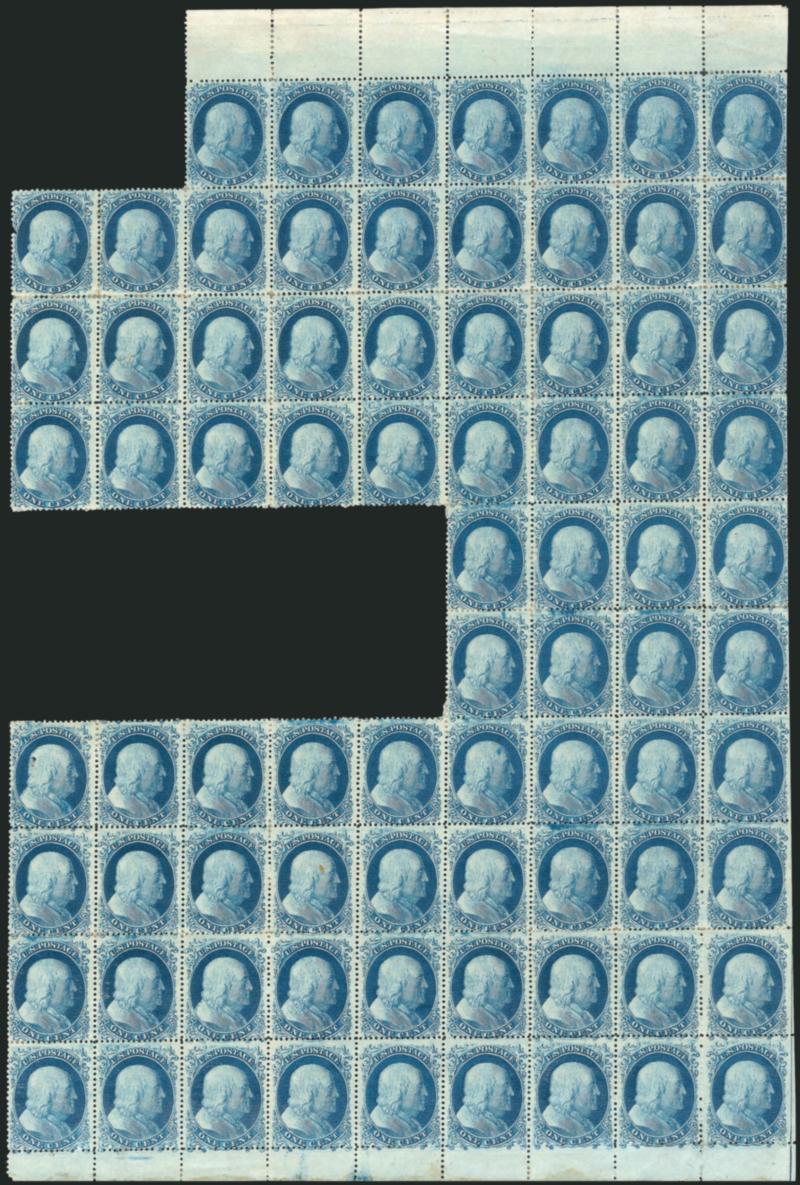 1c Blue, Ty. I, II (18, 20).> Block of 78 from the left pane of Plate 12 with straddle-pane margin at right, comprising 40 Type I positions and 38 Type II positions (approximately 11 Type IIs have a very tiny
break in outer line which might qualify