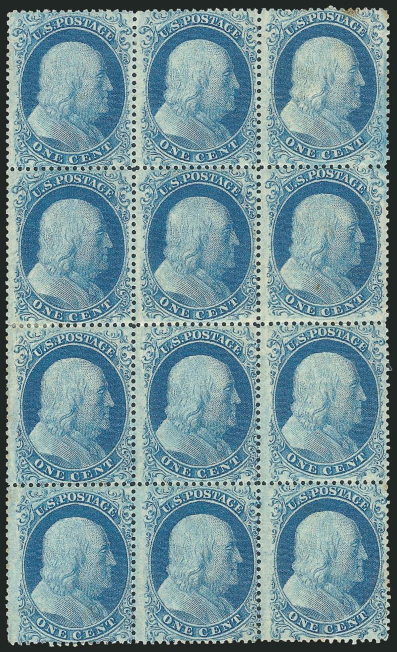 1c Blue, Ty. I, II (18, 20).> Positions 68-7078-8088-9098-100R12, block of twelve, top row and two bottom rows Type I (C Relief), second row Ty. II (B Relief), original gum, Positions 79-80 and 89-90 Mint
N.H., others h.r., rich color, bottom righ
