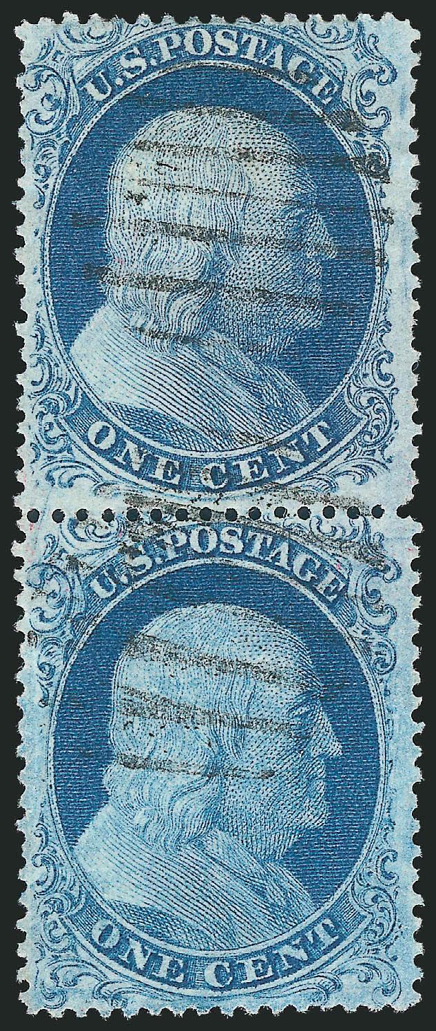 1c Blue, Ty. III (2018).> Positions 1727R12, vertical pair, BC Reliefs, top Type II, bottom Type I, bright color, neat grid cancels, bottom stamp light vertical crease at right, Very Fine appearance, ex
Neinken