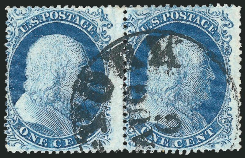 1c Blue, Ty. II-IIIa (20-22).> Positions 81-82L12, horizontal pair, left stamp Type II (Wagshal thought this was an A Relief -- the only one in the interior of the plate), right stamp Type IIIa (B Relief with
small break), fresh color, bold strike of