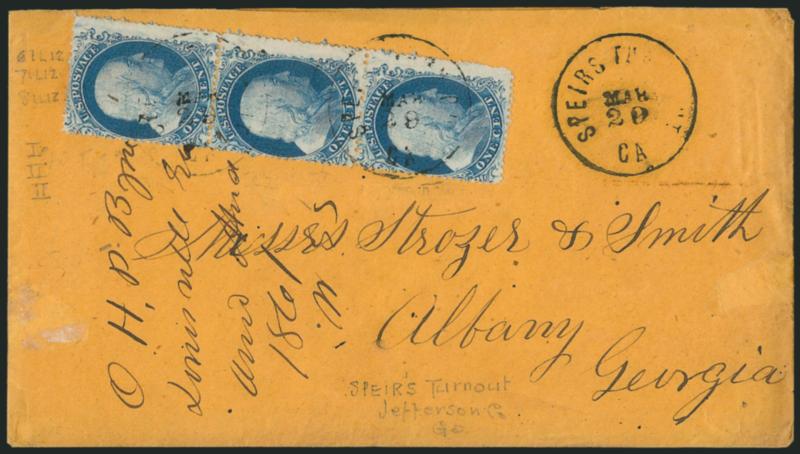1c Blue, Ty. IIIIaII (182220).> Positions 617181L12, vertical strip of three, top pair Type IIIIa (CB Reliefs), bottom stamp Type II (Wagshal thought this was an A Relief -- the only one in the interior of the
plate), bright color, centered t