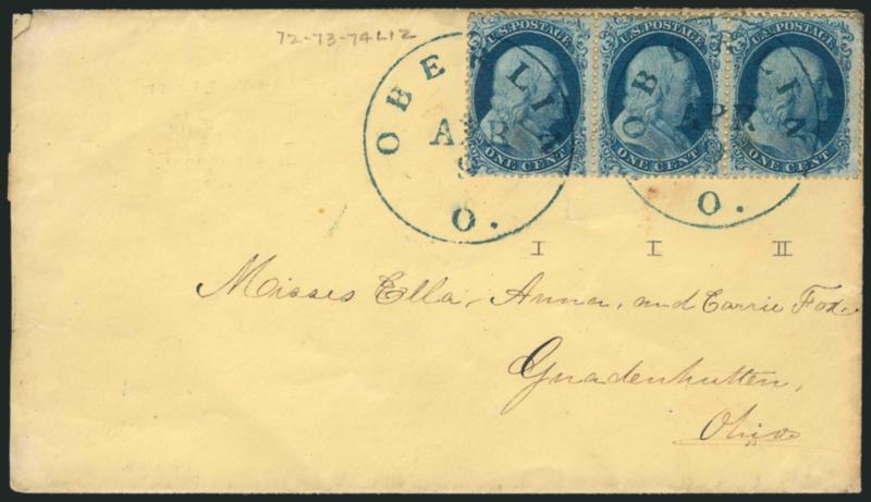 1c Blue, Ty. I-I-II (18-18-20).> Positions 72-74L12, horizontal strip of three, C-C-B Reliefs, two left stamps Type I, rich color, tied by <blue> Oberlin O. Apr. 9 circular datestamps on light yellow cover to
Gnadenhutten O., barely reduced at left