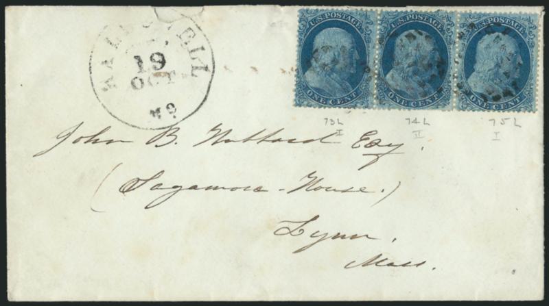 1c Blue, Ty. I-II-I (18-20-18).> Positions 73-75L12, horizontal strip of three, C-B-C Reliefs, center stamp Type II flanked by Type Is, cancelled by segmented corks, Hallowell Me. Oct. 19 circular datestamp on
cover to Lynn Mass., small cover tear