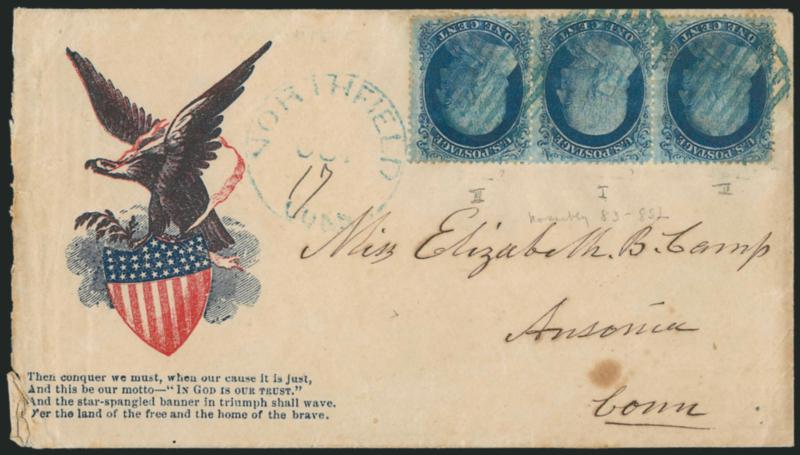 1c Blue, Ty. II-I-II (20-18-20).> Positions 83-85L12, horizontal strip of three, B-C-B Reliefs, Type I at center flanked by Type IIs, affixed upside down and tied by <blue> grids, matching Northfield Mass.
Oct. 17 (1861) circular datestamp with da