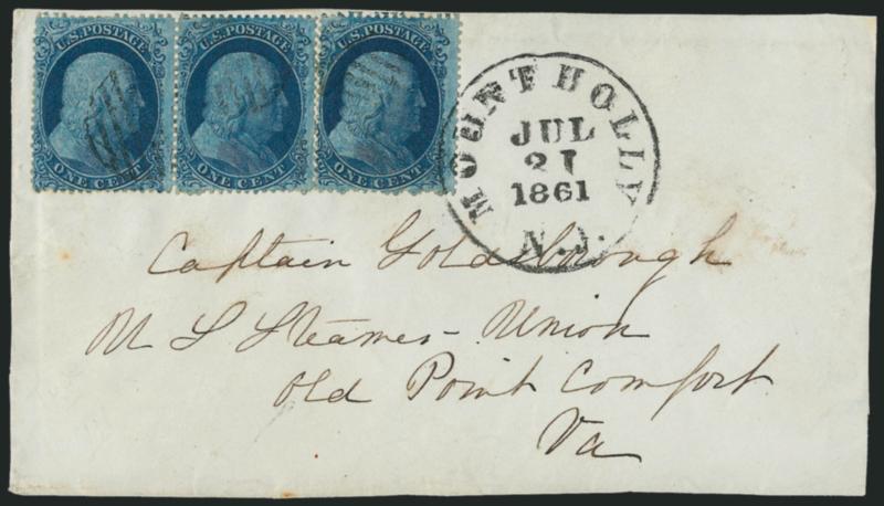 1c Blue, Ty. I-II, II (18-20, 20).> Positions 43-54L12 and 52L2, horizontal pair (C-B Reliefs), left stamp Type I, others Type II, rich color, cancelled by grids and tied by Mount Holly N.J. Jul. 31, 1861
circular datestamp on front only to U.S.S.