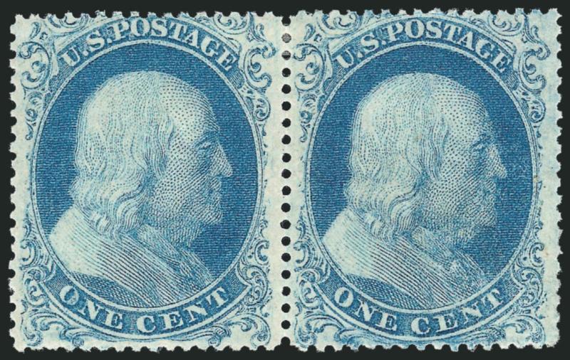 1c Blue, Ty. I (18).> Positions 47-48R12, C Relief, horizontal pair, original gum, single small h.r. at top, radiant color, well-balanced margins<><>^VERY FINE AND CHOICE. A BEAUTIFUL ORIGINAL-GUM PAIR OF THE
1857 ONE-CENT TYPE I FROM PLATE 12.^<>