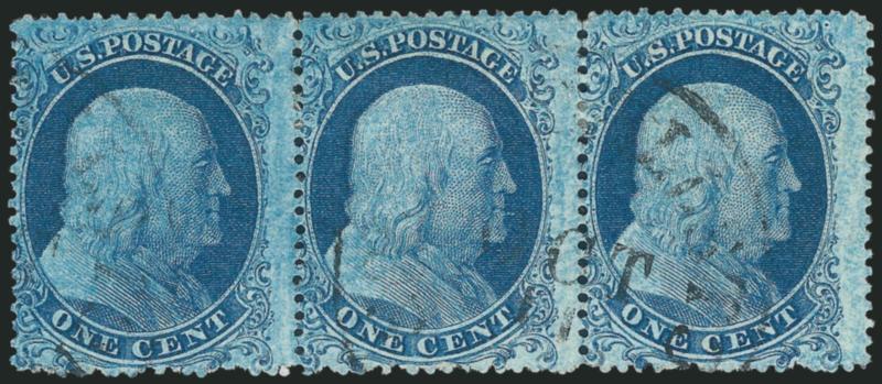 1c Blue, Ty. I (18).> Positions 97-99L12, C Relief, horizontal strip of three, intense shade and impression, unobtrusive strikes of circular datestamp leave design clearly visible, few minor perf separations
at top, Very Fine strip, ex Neinken