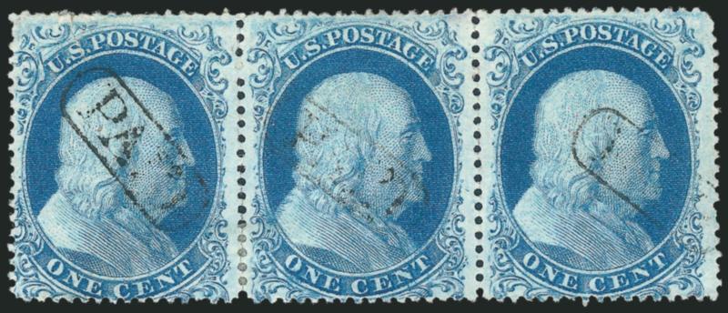 1c Blue, Ty. I (18).> Positions 22-24L12, C Relief, horizontal strip of three, intense color, each cancelled by light strike of <Paid> in oval handstamp, left stamp partly separated and sensibly rejoined, left
stamp also with sealed tear at upper l