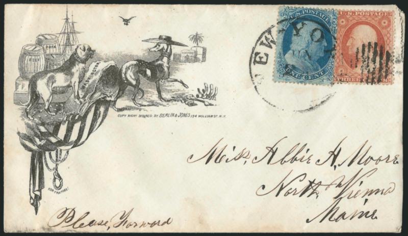 1c Blue, Ty. II (20).> Position 1R12, A Relief, used with <3c Dull Red, Ty. III (26)> and tied by New-York Jun. 2? duplex on <Cartoon Patriotic depicting North and South as dogs and a noose for traitors> with
Berlin & Jones imprint, to North Vienna