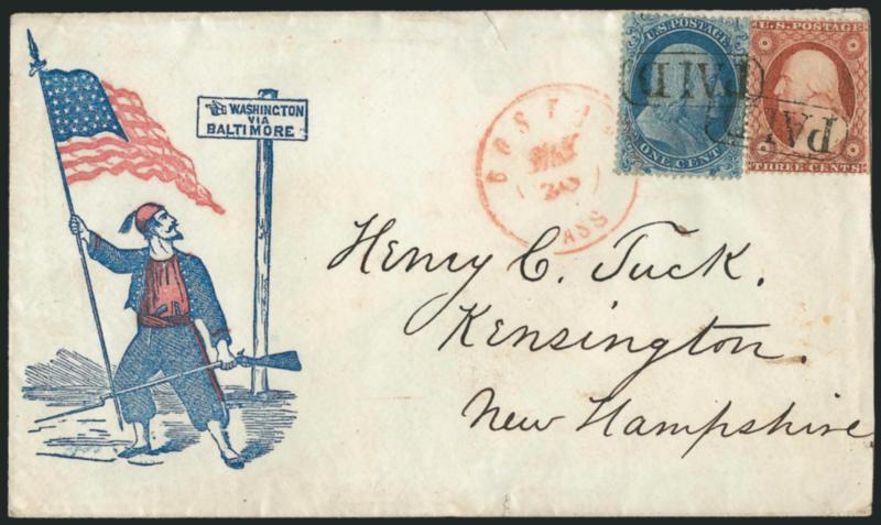 1c Blue, Ty. I (18).> Position 22L12, C Relief, bright color, used with <3c Dull Red, Ty. III (26),> s.e. at right and cancelled by <Paid> ovals on red and blue <Zouave with Waving Flag and Washington via
Baltimore Patriotic> cover to Kensington