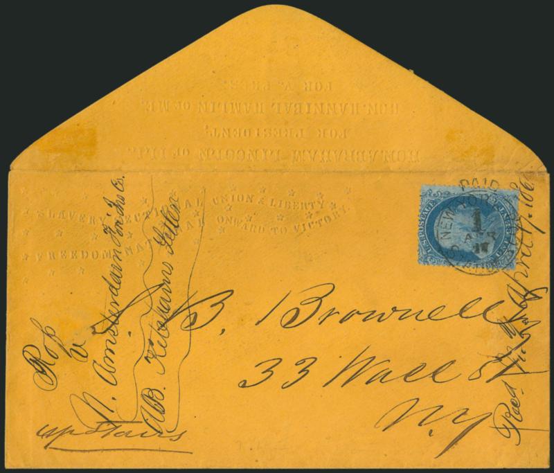 1c Blue, Ty. I (18).> Plate 12, C Relief, tied by PaidNew York PODStation B1Apr. 17 carrier datestamp on buff cover to local street address with <Lincoln-Hamlin Campaign embossing> on top flap and slogan at
left, docketed at left, few pulled pe