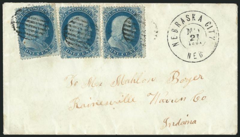 1c Blue, Ty. I, II (18, 20).> Three singles from Plate 12, left stamp Type II (B Relief), others Type I (C Relief), tied by grid cancels, Nebraska City Neb. May 21, 1861 double-circle datestamp on cover to
Rainesville Ind., missing part of top flap
