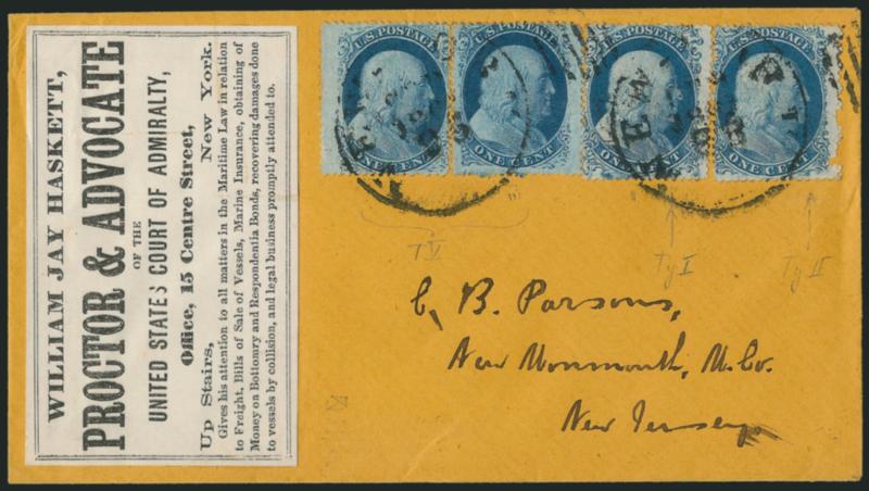 1c Blue, Ty. I, II, V (18, 20, 24).> Four singles, incl. one Type I and one Type II from Plate 12 and two Type V from Plate 10, tied by New-York Sep. 25, 1861 circular datestamps on buff cover with <Proctor
and Advocate of U.S. Court of the Admiral