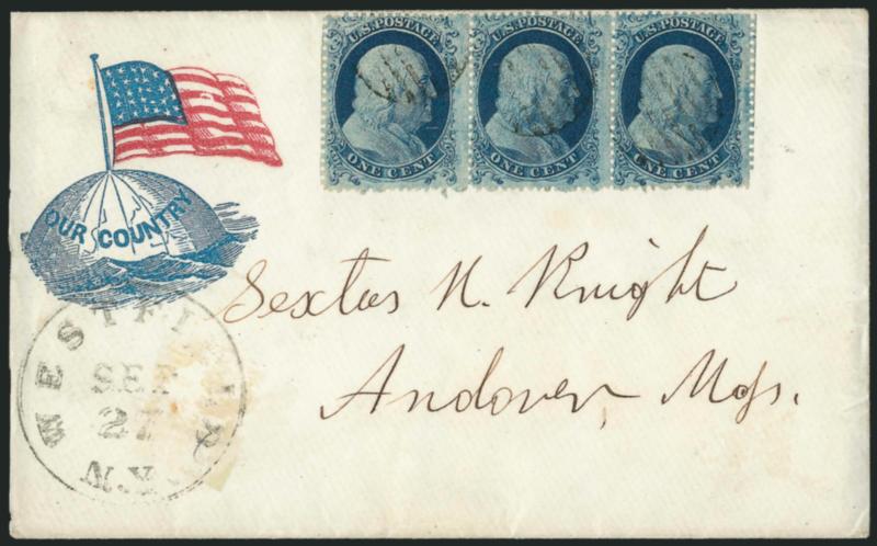 1c Blue, Ty. I (18).> Plate 12, C Relief, horizontal strip of three, perfs scissors-separated at sides but intact, cancelled by light strikes of grids, Westfield N.Y. Sep. 27 circular datestamp on red and blue
<Our Country Flag and Globe Patrioti