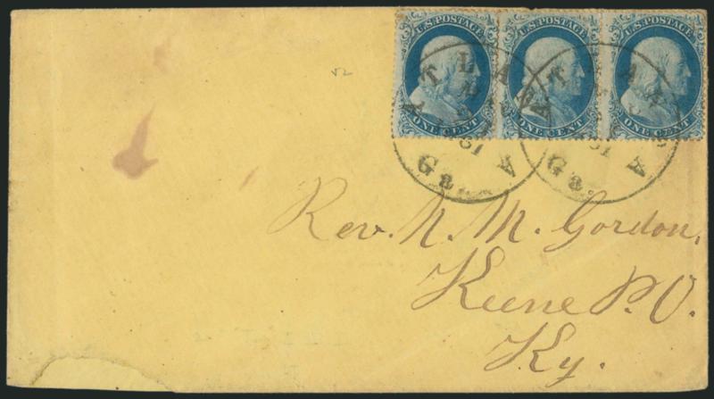 1c Blue, Ty. I (18).> Plate 12, C Relief, horizontal pair and single, bright color, tied by clear strikes of Atlanta Ga. May 21, 1861 circular datestamps on light yellow cover to Keene P.O. Ky., right stamp
light corner crease at top right, cover w