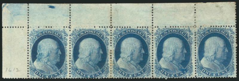 1c Blue, Ty. II (20).> Positions 1-5L12, A Relief, horizontal strip of five with <top left corner sheet selvage,> unused (no gum), rich color, choice centering, few perf separations sensibly
reinforced<><>^VERY FINE. AN IMPRESSIVE 1857 ONE-CENT TYP