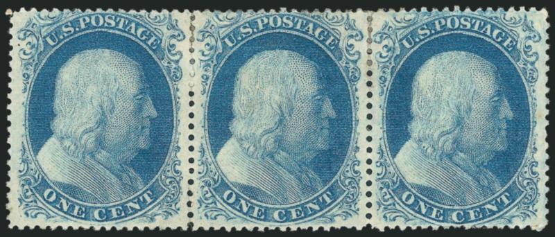 1c Blue, Ty. II (20).> Positions 76-78R12, B Relief, horizontal strip of three, original gum, h.r., bright shade, well-balanced margins, few perf separations sensibly hinge reinforced<><>^VERY FINE-EXTREMELY
FINE. A SCARCE ORIGINAL-GUM STRIP OF THE