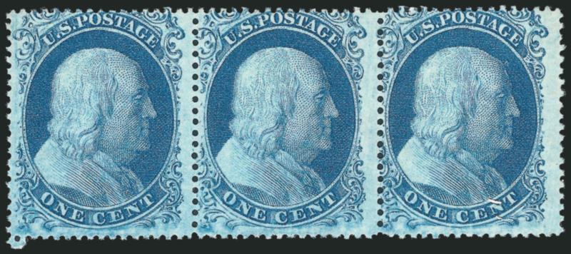 1c Blue, Ty. II (20).> Plate 12, A Relief, horizontal strip of three, unused (no gum), intense shade, left stamp light diagonal crease at upper left not mentioned on accompanying certificate, Fine appearance,
with 1978 P.F. certificate, Scott Retail