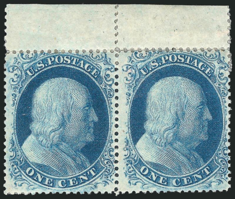 1c Blue, Ty. II (20).> Plate 12, A Relief, horizontal pair with <selvage> at top, original gum, h.r. where selvage almost completely reattached, Very Fine pair, ex Neinken