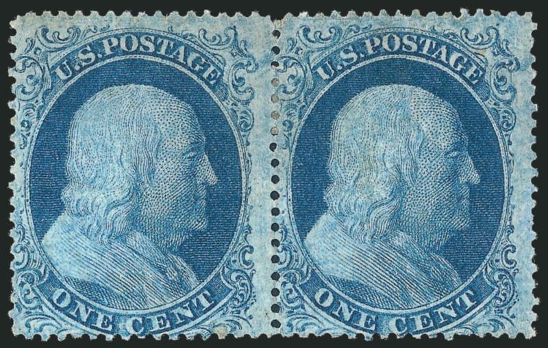 1c Blue, Ty. II (20).> Positions 7-8L12, A Relief, horizontal pair, unused (no gum), rich color, few trivial toned perf tips, Very Fine appearance, ex Neinken