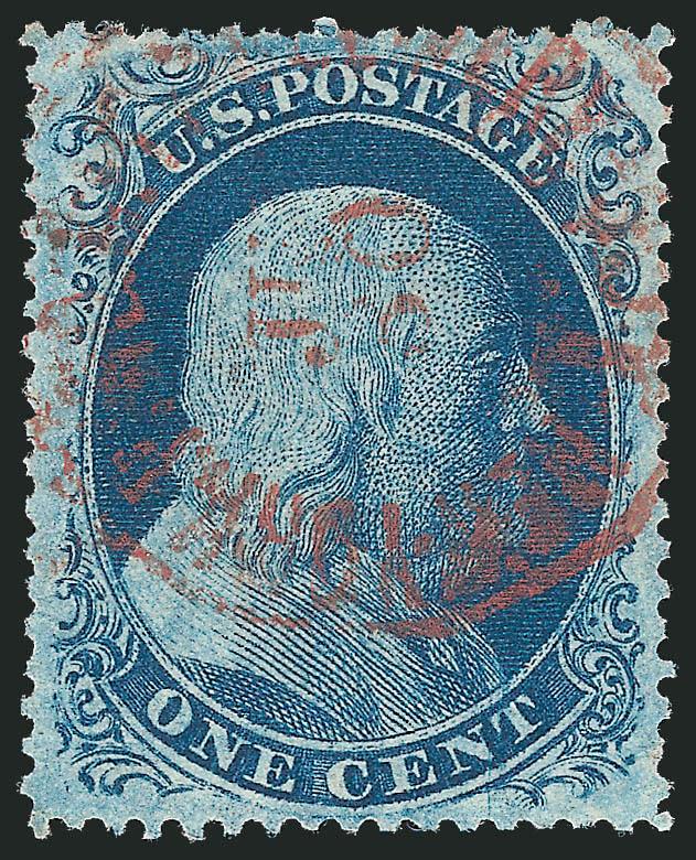 1c Blue, Ty. II (20).> Position 66L12, intense dark shade and proof-like impression nicely complemented by <red New York City carrier datestamp>, wide and balanced margins on all sides, Extremely Fine Gem, a
gorgeous stamp that defies every condition