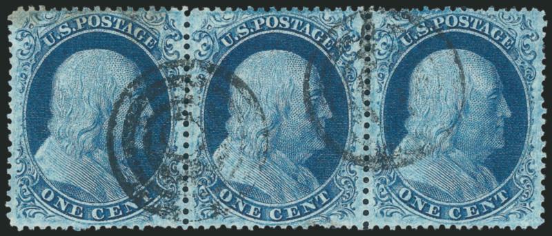 1c Blue, Ty. II (20).> Positions 15-17L12, B Relief, horizontal strip of three, all Type II (17L is a swing position), intense shade and impression, neat strikes of target cancel, left stamp soiled at top,
center stamp pulled perf at bottom, otherwis