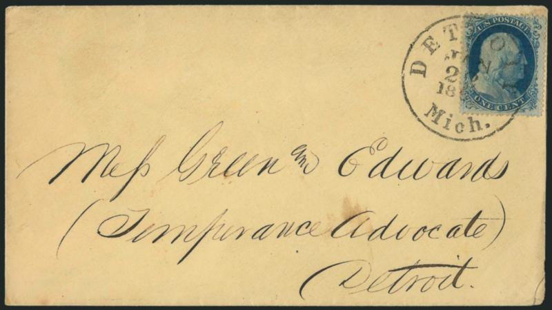 1c Blue, Ty. II (20).> Position 40R12, B Relief, choice centering, tied by Detroit Mich. Jan. 22, 1861 circular datestamp on locally-addressed yellow cover, Very Fine, this is <the earliest documented use of a
Type II from Plate 12,> with 1991 P.F.
