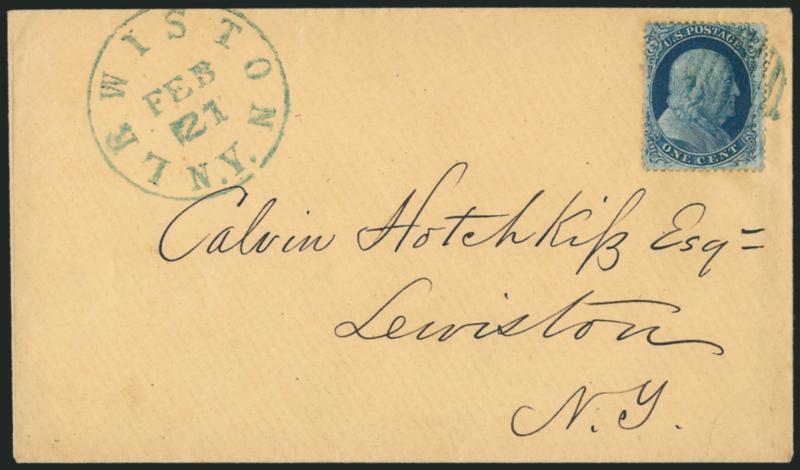 1c Blue, Ty. II (20).> Plate 12, B Relief, tied by <blue-green> grid, matching Lewiston N.Y. Feb. 21 circular datestamp on locally-addressed cover, fresh and Very Fine, a beautiful cover, ex Neinken