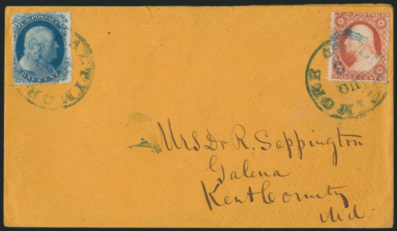 1c Blue, Ty. II (20).> Plate 12, B Relief, tied by <blue> Baltimore Md. Aug. 3 circular datestamp and used with <3c Dull Red, Ty. III (26),> similarly tied, on buff cover to Galena Md., few perfs trimmed at
top left of 1c where also small scissors-
