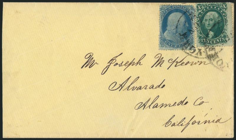 1c Blue, Ty. II (20).> Plate 12, B Relief, used with <10c Green, Ty. V (35),> tied by New-York Jun. 21 circular datestamps on light yellow cover to Alvarado Cal., slightly reduced at left, 10c tiny corner
crease from placement at edge of cover, oth