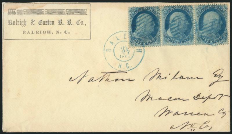 1c Blue, Ty. II (20).> Position 2-4L12, A Relief, horizontal strip of three, tied by <blue> grids and also by matching Raleigh N.C. Apr. 27, 1861 double-circle datestamp on cover with <illustrated Raleigh &
Boston R.R. Co. corner card> to Macon D