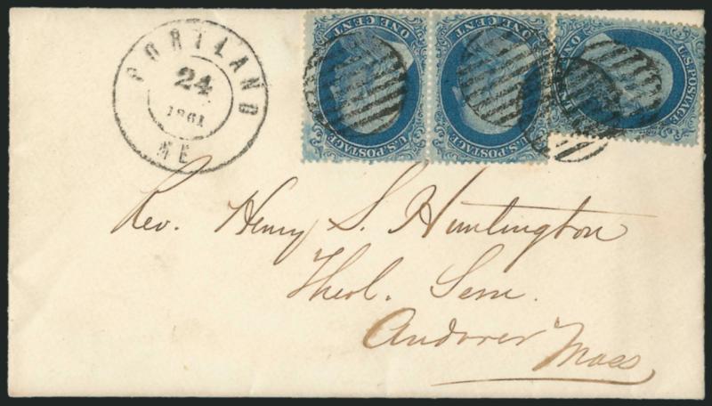 1c Blue, Ty. I, II (18, 20).> Plate 12, Type I (C Relief) single and Type II horizontal pair, Positions 79-80R12 (B Relief), tied by grid cancels, Portland Me. 24, 1861 double-circle datestamp with month
omitted on cover to Andover Mass., with orig