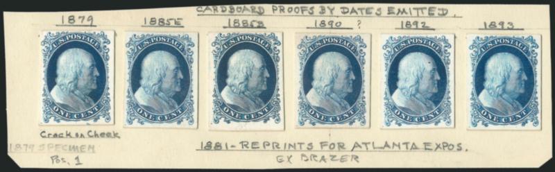1c Bright Blue, Reprint, Plate Proof on Card (40P4).> Seven proofs, six arranged on card and identified by printing -- 1879, 1885E, 1885B (plus a loose duplicate), 1890, 1892 and 1893, minor toning, still Very
Fine, ex Brazer