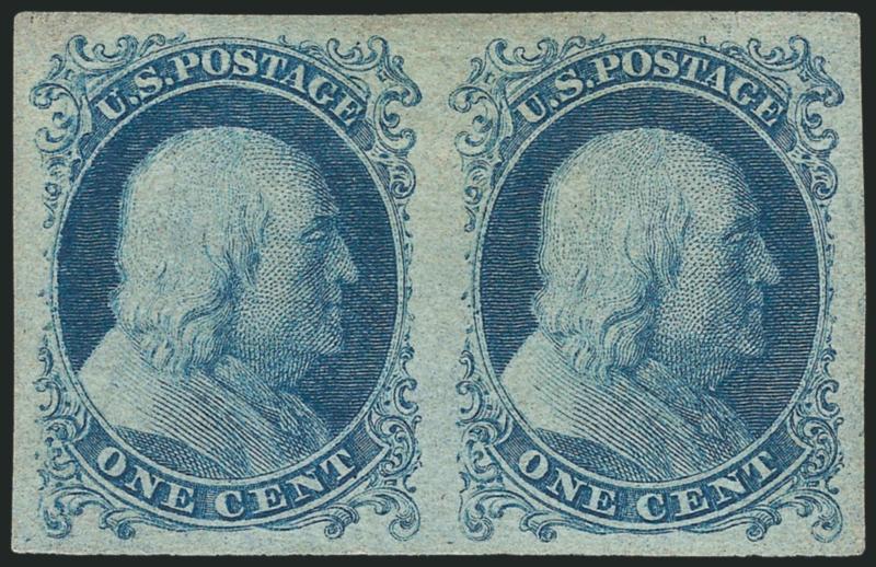 1c Blue, Reprint, Plate Proof on Stamp Paper (40P4a).> Positions 39-40, horizontal pair, large margins all around, tiny tear in top right margin (could be trimmed off), faint diagonal line shows in fluid but
does not flash when drying (possibly a pap