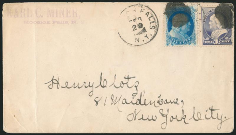1c Bright Blue, Reprint (40).> Used with <1c Ultramarine (212),> tied by circular cork cancels, Hoosick Falls N.Y. Feb. 20 circular datestamp on cover to New York City, receiving backstamp (yeardate is
unclear), vertical file fold well away from st