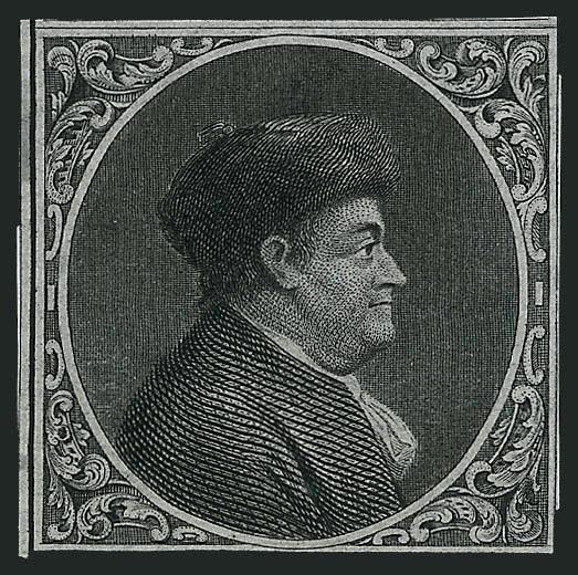 Gavit & Co., Franklin Plate Essay on Bond.> 36 x 36mm, profile facing right, similar to but about twice the size of the Gavit & Co. stamp essay, portions of frame lines from adjoining subjects at top and left,
Very Fine, interesting collateral item f