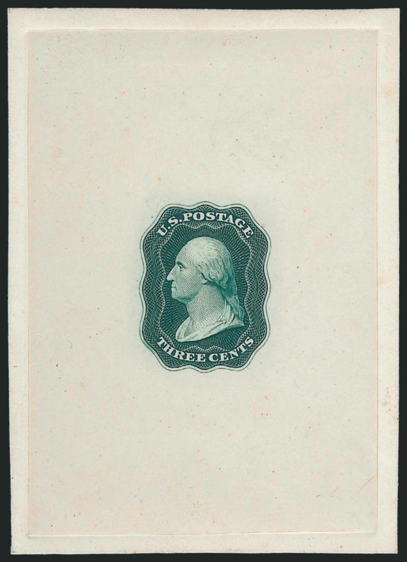Danforth, Bald & Co., 3c Green, Die Essay on India, Single Line Frame (11-E12a).> Die sunk on 60 x 82mm card with full die sinkage, first state of the die, rich color, fresh and Extremely Fine